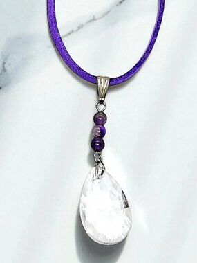 Amethyst Gemstone Crystal Pendant on Purple Suede Cord Necklace